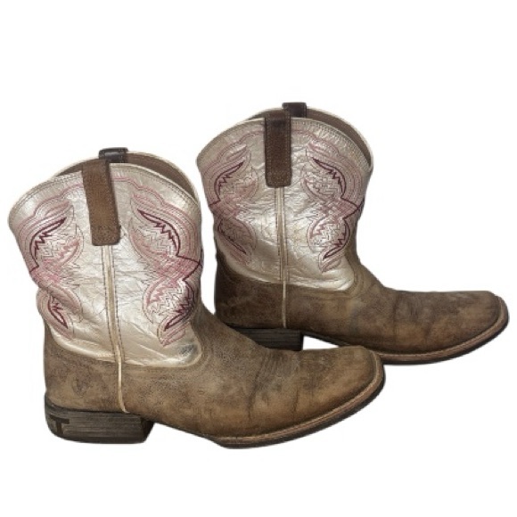 Ariat Cowboy Boots Double Kicker Western Low Pink Cream Brown Leather Size 6 - Picture 1 of 9